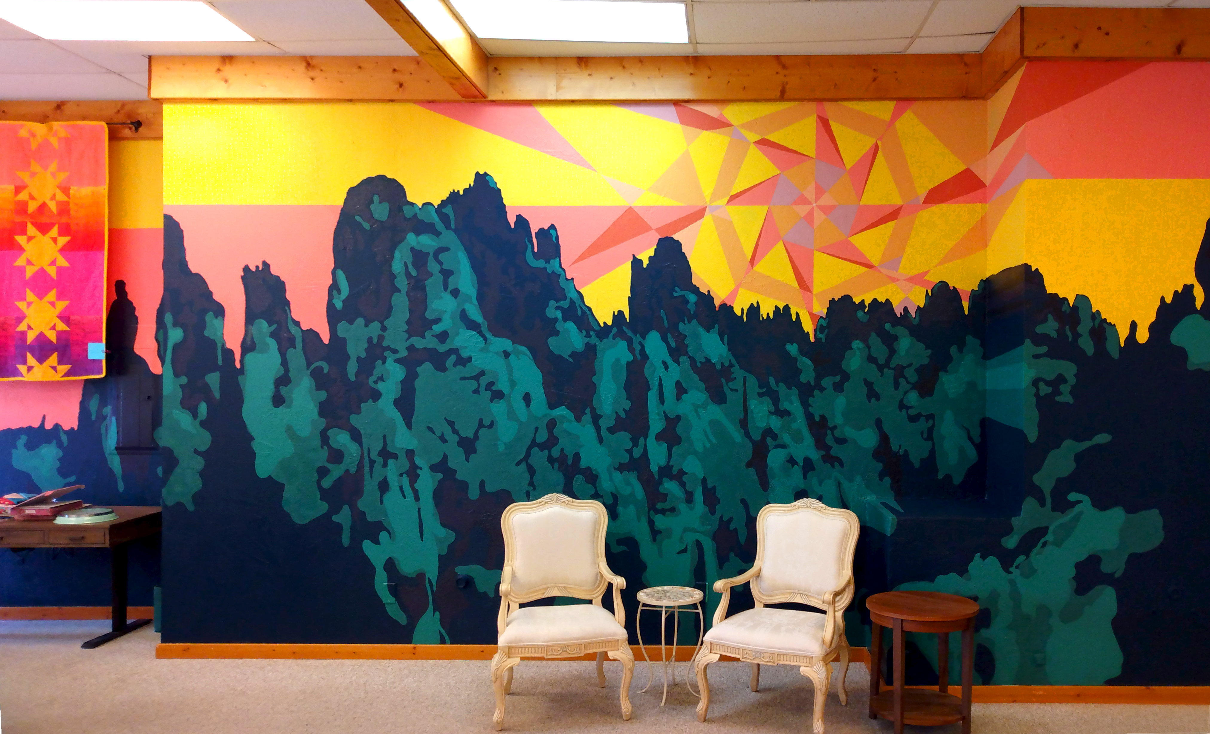 Quilted Sky Over Cathedral Spires — mural by Natasha Lopez De Victoria at the Quilted Buffalo, Custer, SD